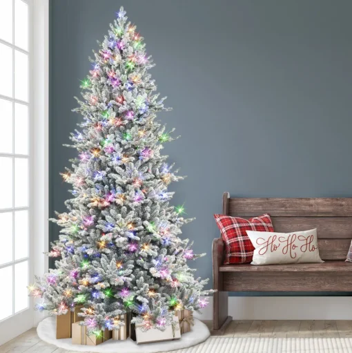 Pre-Lit Christmas Trees*The Holiday Aisle 7'5" H Green Realistic Artificial Fir Flocked/Frosted Christmas Tree With 700 Led Color Changing/Combination Lights