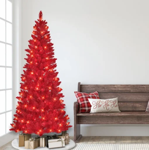 Pre-Lit Christmas Trees*The Holiday Aisle 6'5" H Red Fir Flocked/Frosted Christmas Tree With 200 Lights
