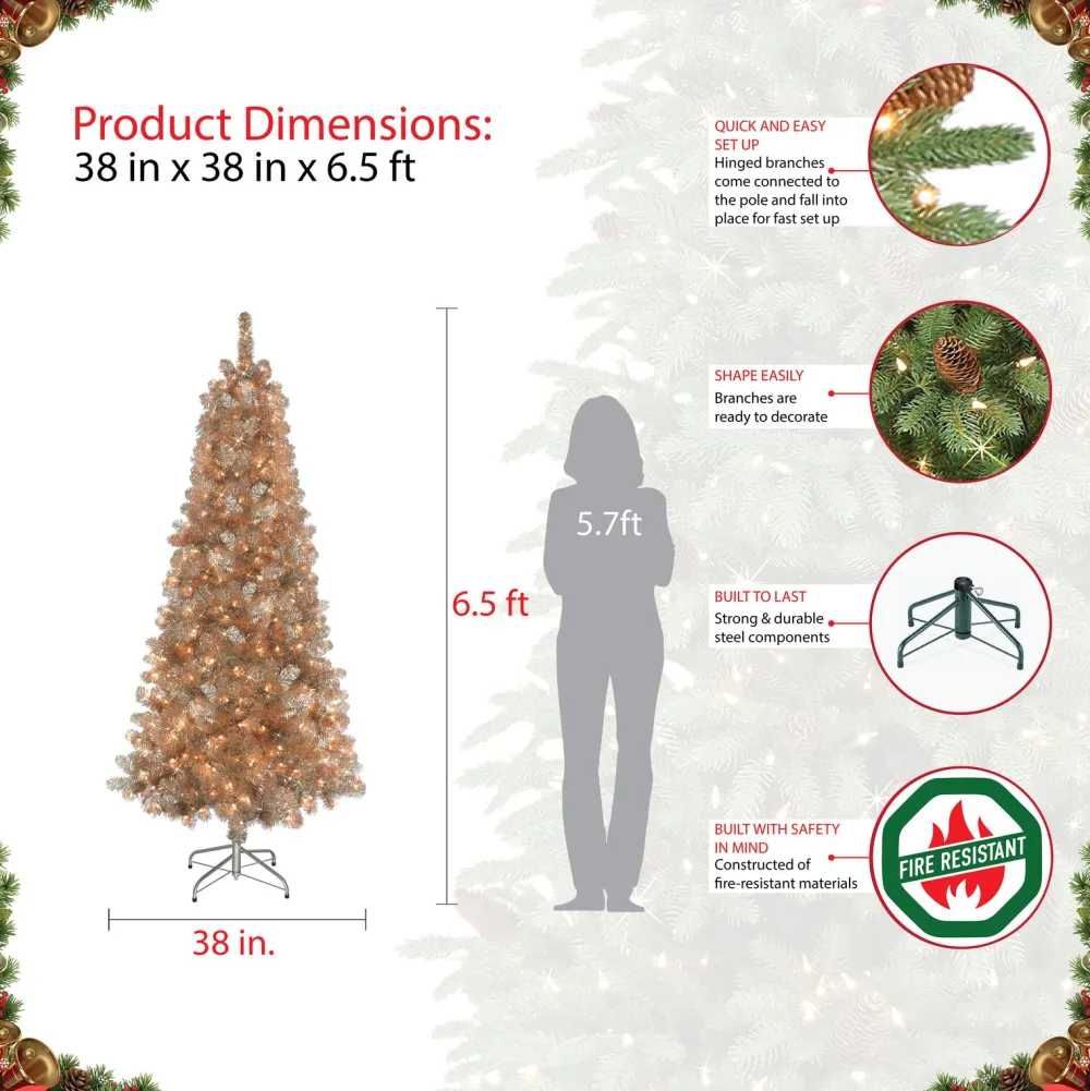 Pre-Lit Christmas Trees*The Holiday Aisle 78" H Rose Gold Realistic Pine Christmas Tree With 400 Incandescent Steady/Constant Lights