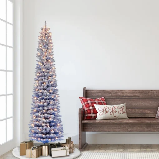Pre-Lit Christmas Trees*The Holiday Aisle 78" H Slender Blue Fir Flocked/Frosted Christmas Tree With 200 Lights