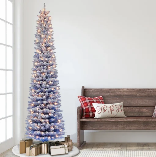Pre-Lit Christmas Trees*The Holiday Aisle 7'5" H Slender Blue Fir Flocked/Frosted Christmas Tree With 300 Lights