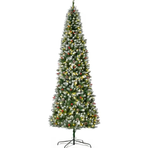 Pre-Lit Christmas Trees*The Holiday Aisle 9'' H Slender Green/White Flocked/Frosted Christmas Tree With 300 Led Lights