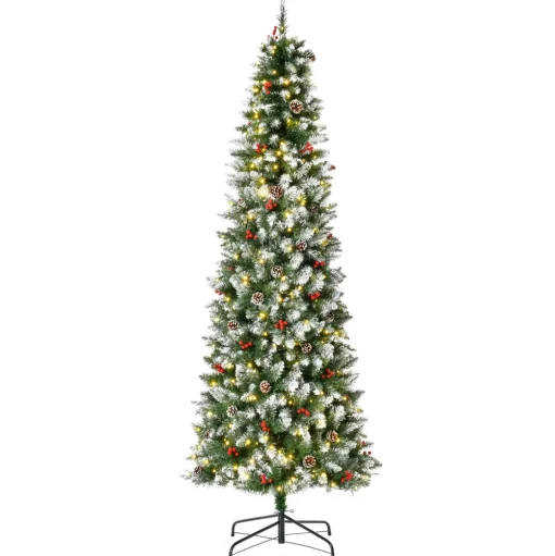Pre-Lit Christmas Trees*The Holiday Aisle 7'6" H Slender Green/White Flocked/Frosted Christmas Tree With 300 Led Lights