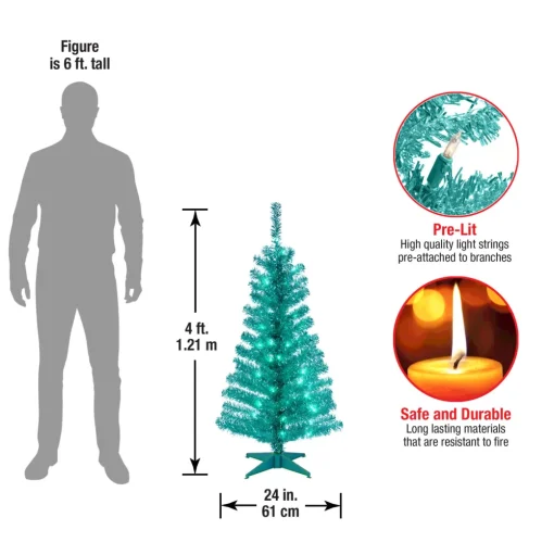 Pre-Lit Christmas Trees*Hashtag Home Tinsel Trees 4' Turquoise Artificial Christmas Tree With 70 Clear/White Lights