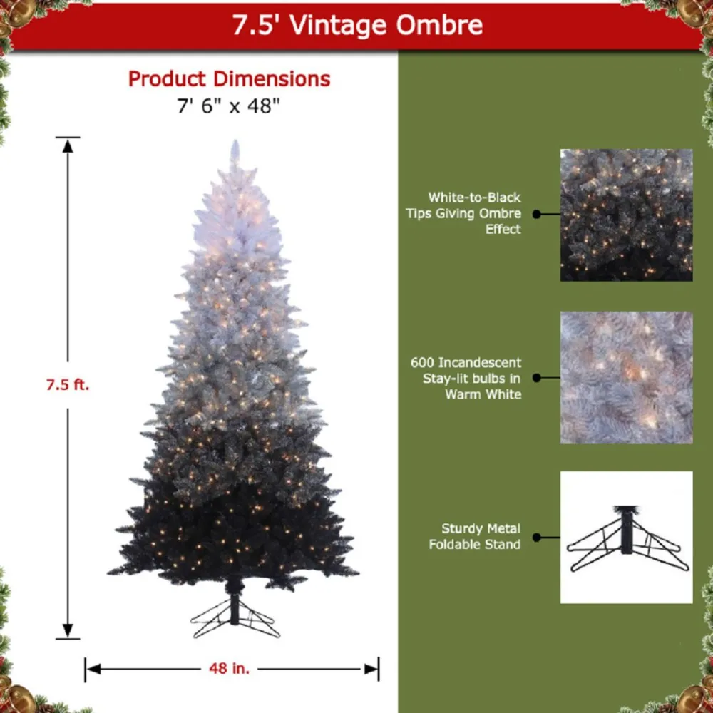Pre-Lit Christmas Trees*The Holiday Aisle Vintage Prelit Ombre 7.5' Black/Gray Spruce Artificial Christmas Tree