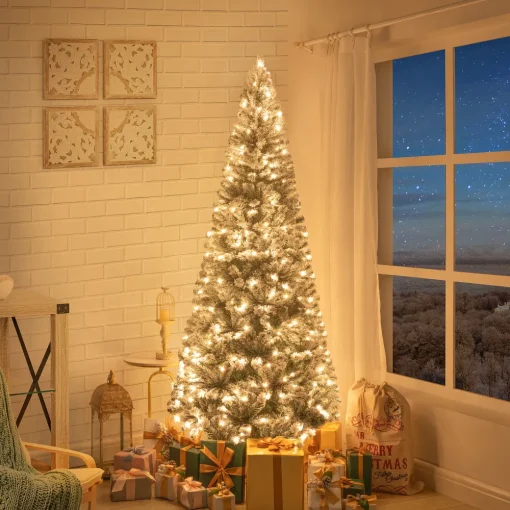 Pre-Lit Christmas Trees*The Holiday Aisle White Snow Flocked Warm Lighted Christmas Tree, Frosted Prelit Artificial Christmas Tree With Stand